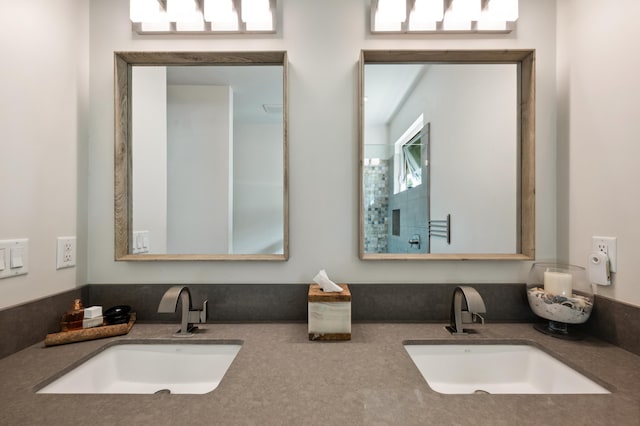 bathroom with a sink, a shower, and double vanity