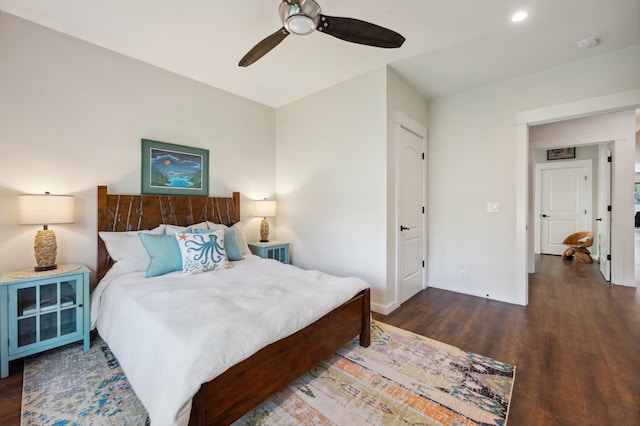 bedroom featuring recessed lighting, a ceiling fan, baseboards, and wood finished floors