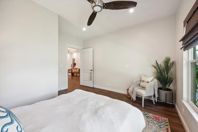 bedroom featuring recessed lighting, baseboards, ceiling fan, and dark wood-style flooring