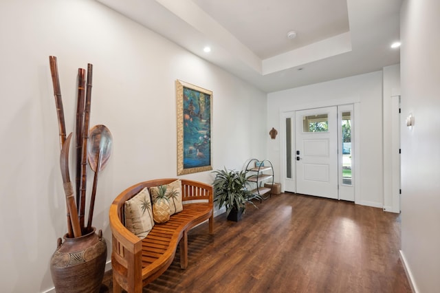 entrance foyer with recessed lighting, baseboards, a raised ceiling, and wood finished floors