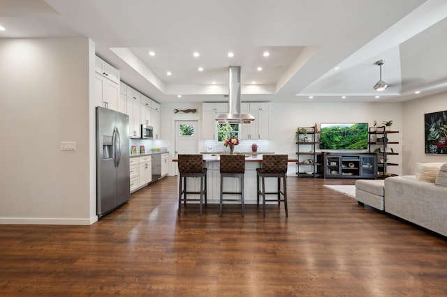 kitchen featuring a kitchen bar, a tray ceiling, open floor plan, appliances with stainless steel finishes, and island range hood