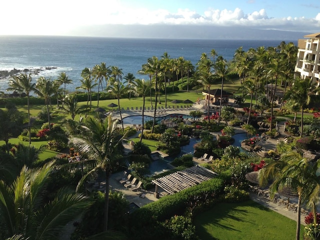 birds eye view of property featuring a water view