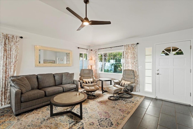 living room featuring a ceiling fan