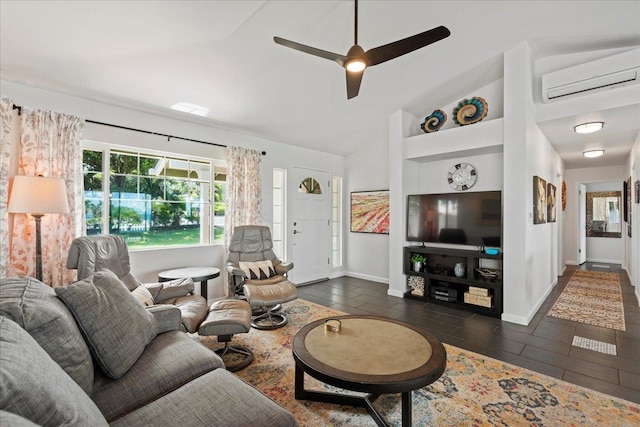 living room featuring high vaulted ceiling, baseboards, a wall unit AC, and ceiling fan