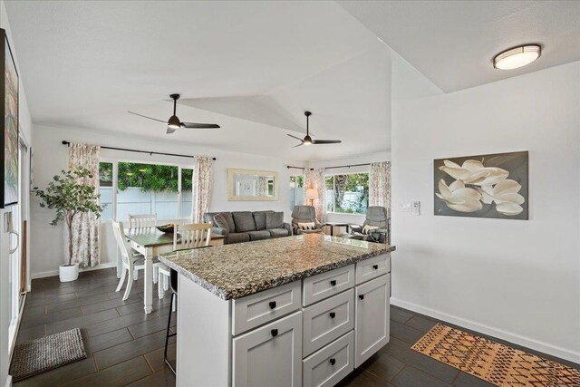 kitchen with a healthy amount of sunlight, a ceiling fan, vaulted ceiling, and a kitchen island