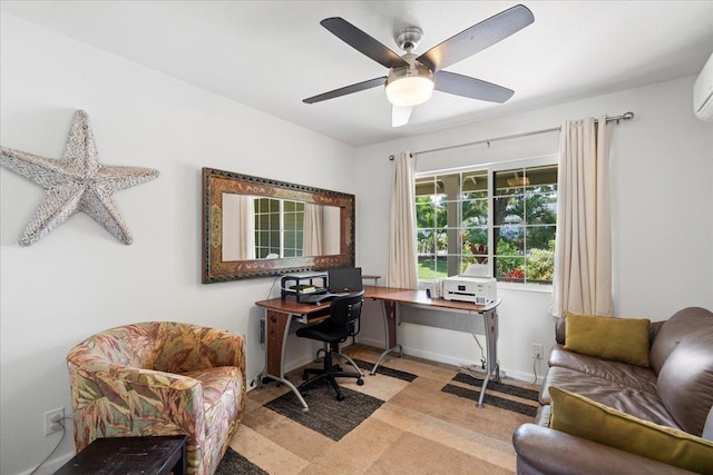 carpeted office featuring ceiling fan