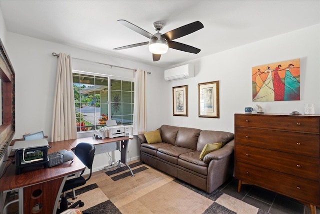office space featuring an AC wall unit and ceiling fan