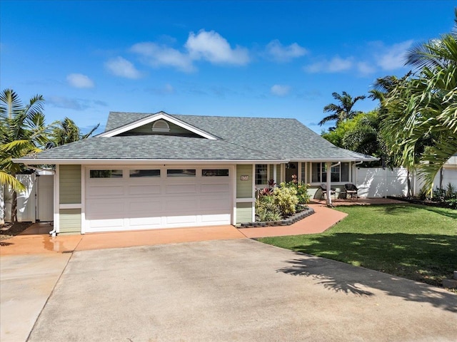 view of front of house featuring concrete driveway, roof with shingles, an attached garage, a front yard, and fence