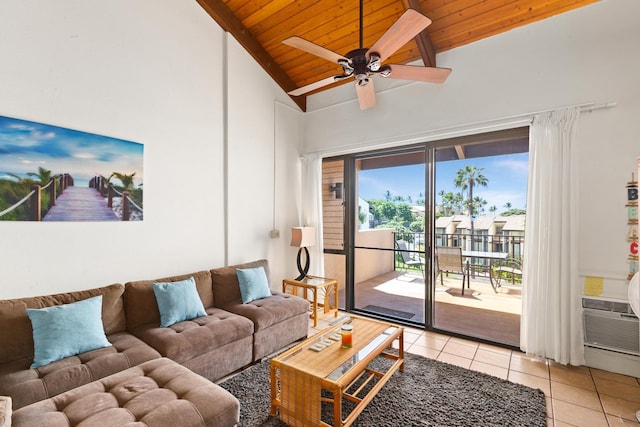 tiled living area with wood ceiling, high vaulted ceiling, and ceiling fan