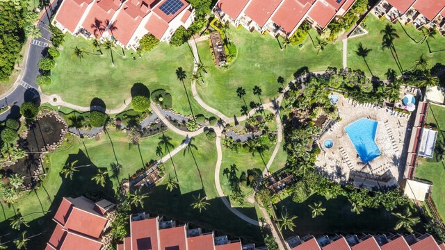 bird's eye view with a water and mountain view