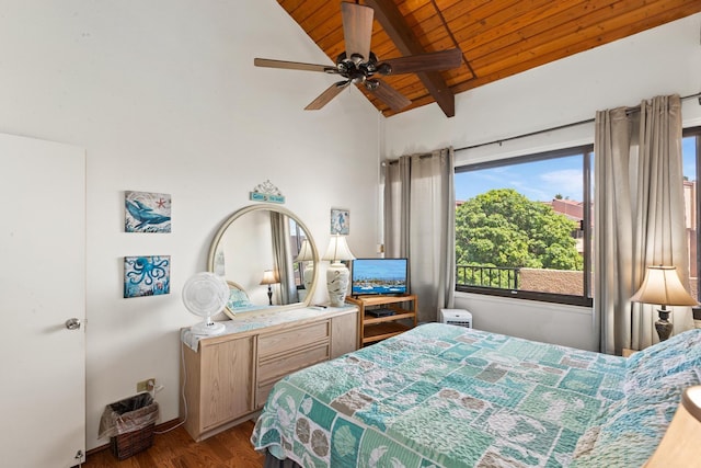 bedroom featuring dark wood-style flooring, wooden ceiling, and vaulted ceiling with beams