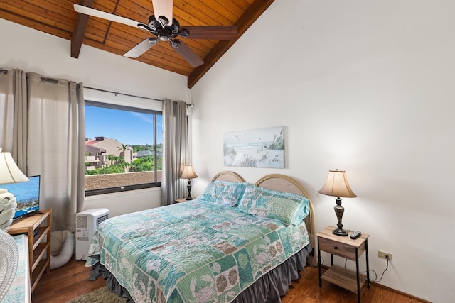 bedroom with vaulted ceiling with beams, wood finished floors, and wooden ceiling