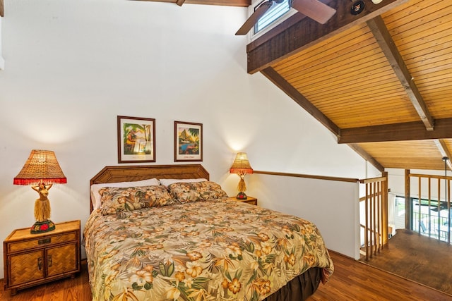 bedroom featuring wood finished floors, wooden ceiling, and beam ceiling