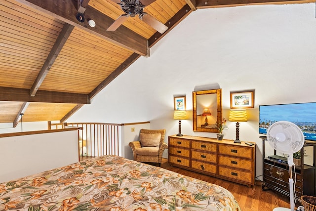 bedroom with beamed ceiling, high vaulted ceiling, wood finished floors, and wood ceiling