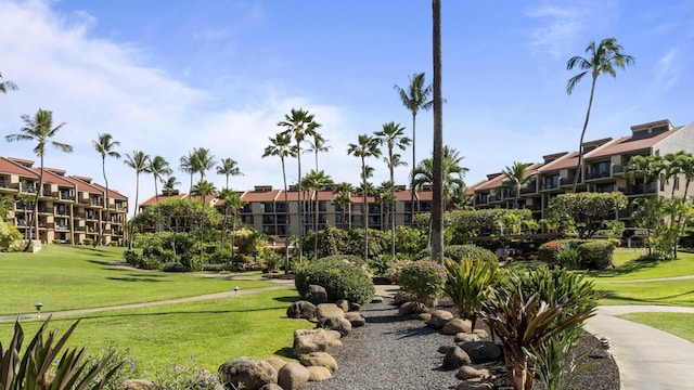 surrounding community with a yard and a residential view