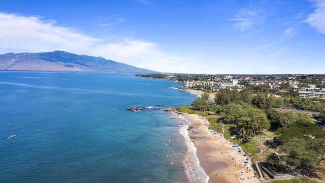view of water feature with a view of the beach and a mountain view