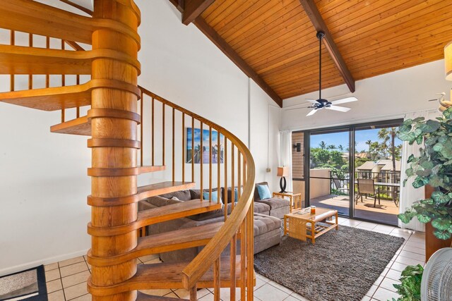 tiled living room featuring ceiling fan, beam ceiling, high vaulted ceiling, and wooden ceiling