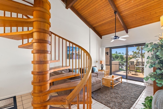 interior space with high vaulted ceiling, tile patterned floors, ceiling fan, and beamed ceiling