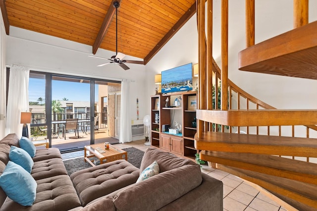 tiled living room with high vaulted ceiling, ceiling fan, stairway, beam ceiling, and wood ceiling