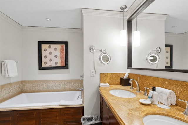 bathroom with dual sinks, ornamental molding, large vanity, and a bath