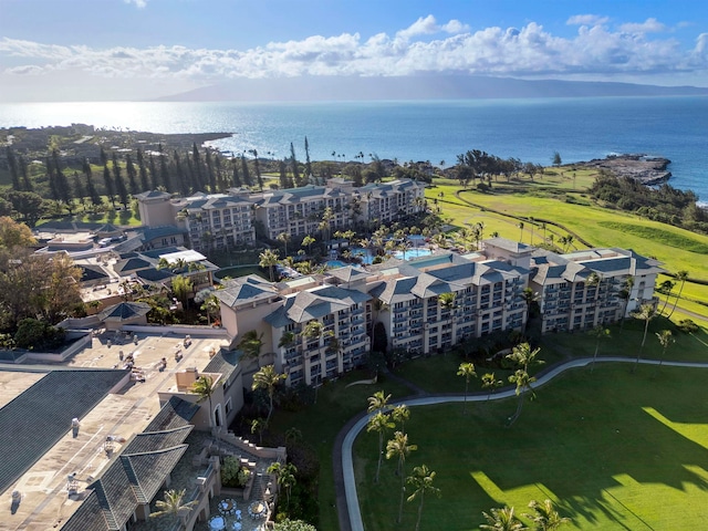 bird's eye view with a water view