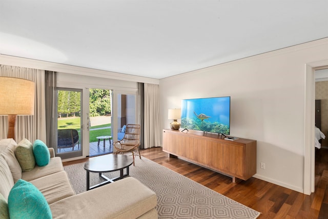 living room featuring dark hardwood / wood-style flooring and crown molding