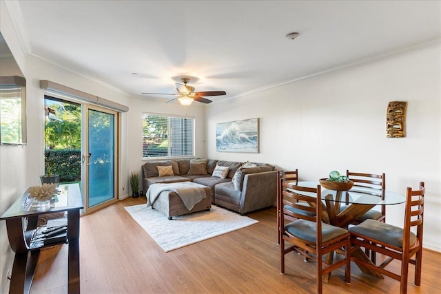 living room featuring crown molding, light hardwood / wood-style floors, and ceiling fan