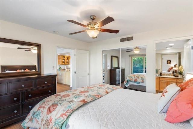 bedroom featuring ceiling fan and a closet