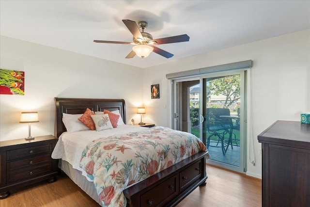 bedroom with access to outside, ceiling fan, and light hardwood / wood-style floors