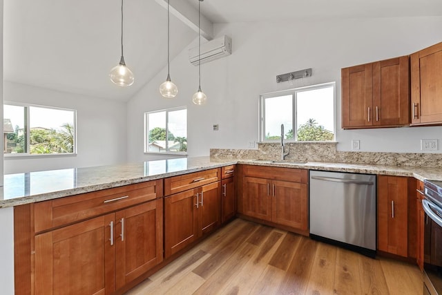 495 Kaiolohia St, Kihei, HI 96753 - kitchen with beamed ceiling, a sink, dishwasher, light wood finished floors, and brown cabinetry