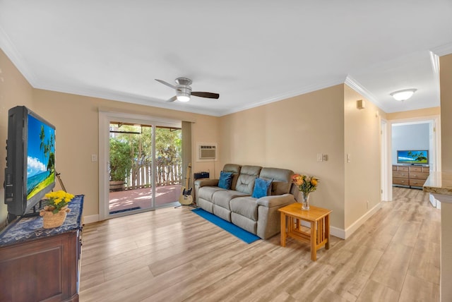 living room with ceiling fan, a wall mounted AC, crown molding, and light hardwood / wood-style floors