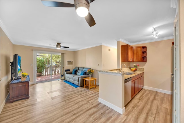 kitchen with sink, light hardwood / wood-style flooring, ornamental molding, and stainless steel dishwasher