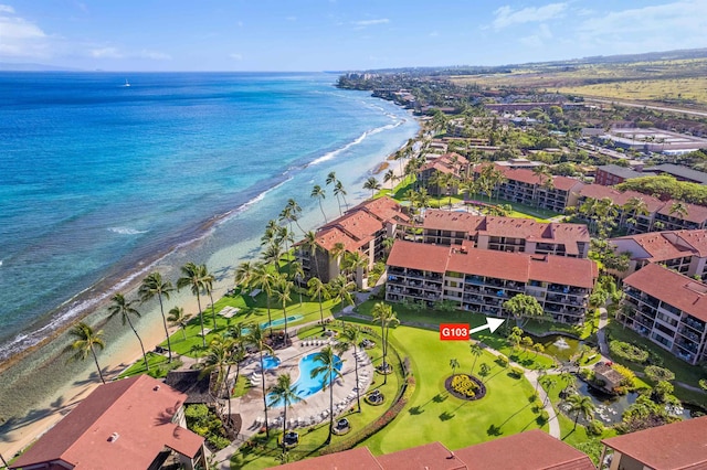 aerial view featuring a water view and a view of the beach