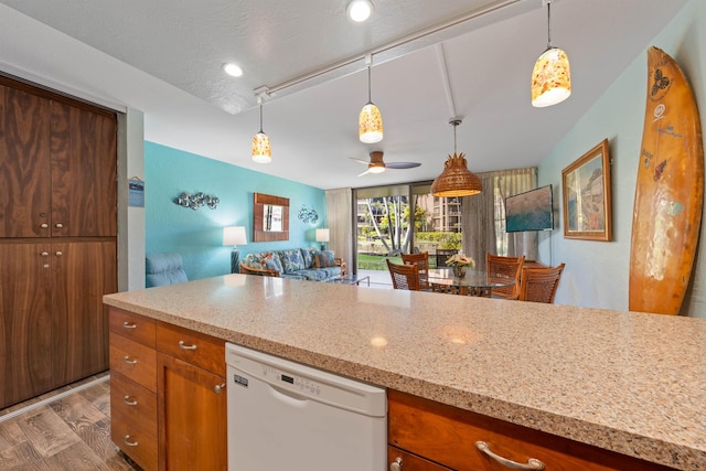 kitchen featuring light wood-type flooring, dishwasher, hanging light fixtures, and light stone counters