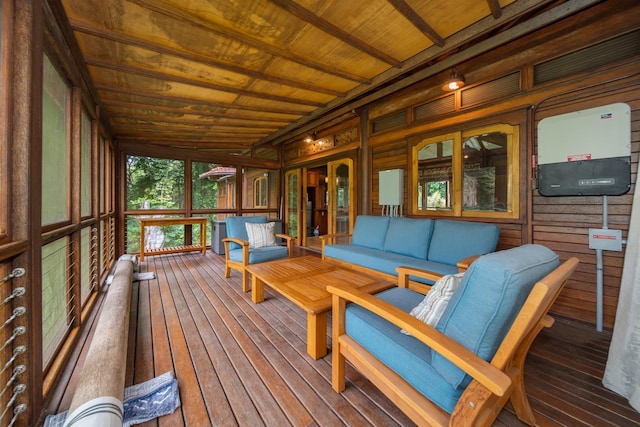 sunroom with wood ceiling