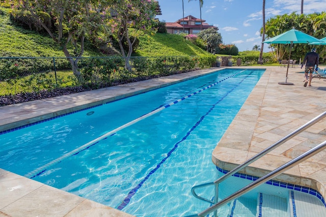 view of swimming pool with a jacuzzi and a patio