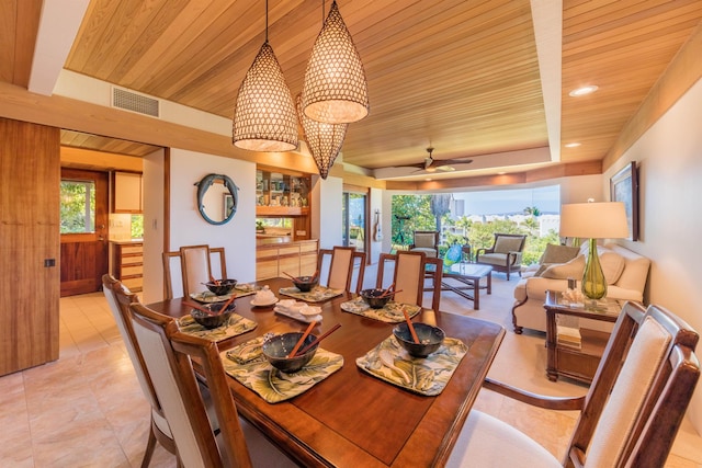 dining area with wood ceiling, ceiling fan, and light tile patterned floors