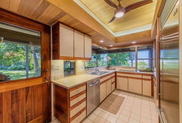 kitchen featuring stainless steel appliances, white cabinetry, light tile patterned floors, and wooden ceiling