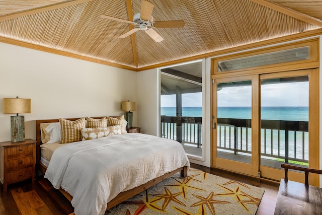 bedroom with ceiling fan, dark hardwood / wood-style flooring, crown molding, access to outside, and a water view