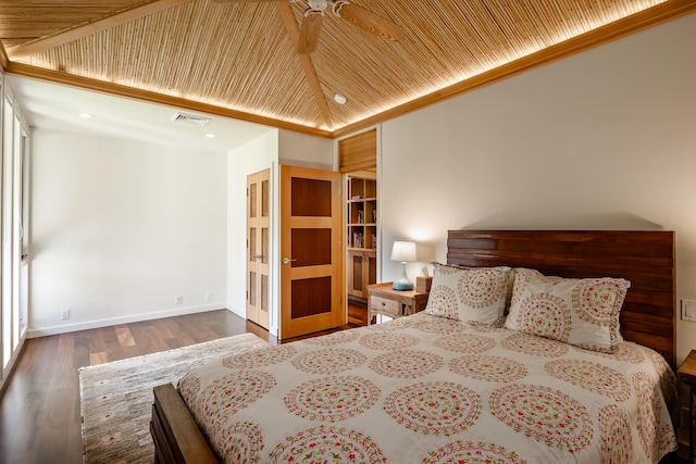 bedroom with wood-type flooring, crown molding, and wooden ceiling