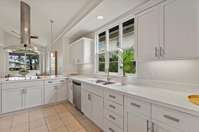 kitchen with dishwasher, sink, white cabinets, island exhaust hood, and black electric cooktop