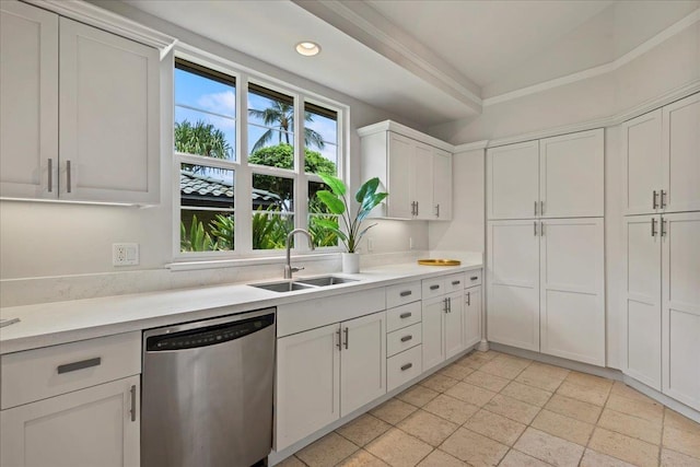 kitchen with sink, white cabinetry, and dishwasher