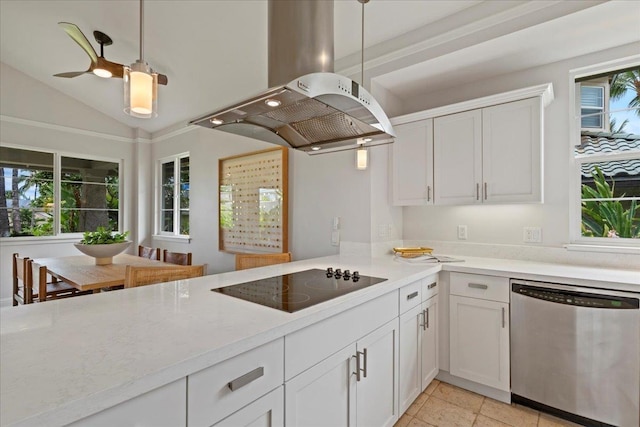 kitchen with black electric stovetop, hanging light fixtures, stainless steel dishwasher, and island range hood