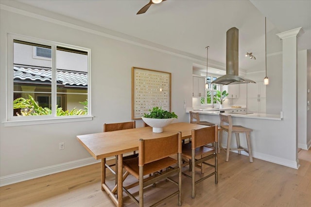 dining room featuring light hardwood / wood-style floors and lofted ceiling