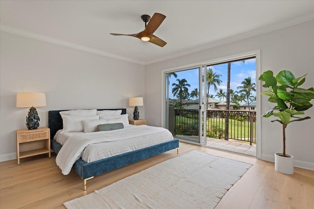 bedroom featuring ceiling fan, crown molding, light hardwood / wood-style flooring, and access to outside