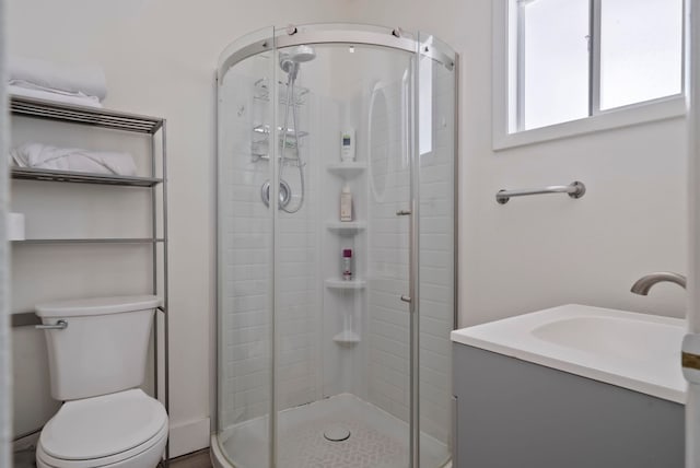 full bath featuring vanity, toilet, and a shower stall