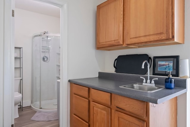 kitchen featuring a sink, dark countertops, and light wood-type flooring
