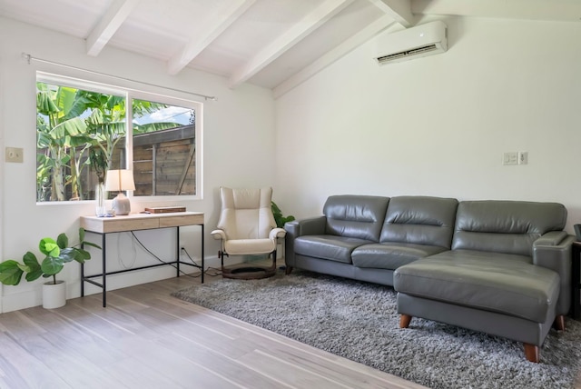 living room featuring vaulted ceiling with beams, wood finished floors, and a wall mounted air conditioner