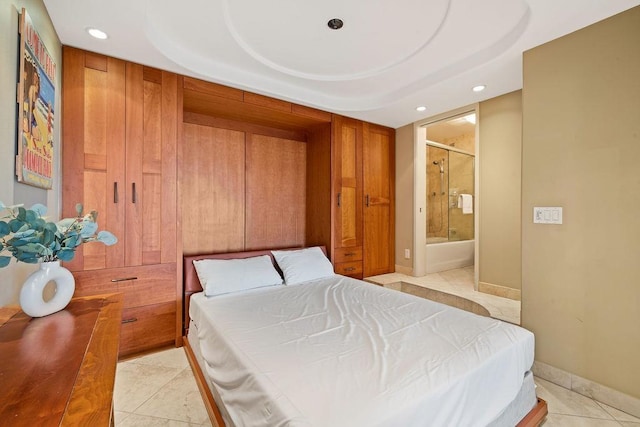 bedroom with light tile patterned floors, baseboards, and recessed lighting