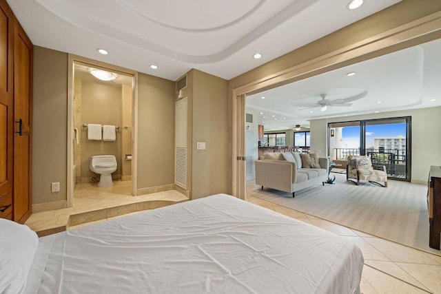 bedroom with light tile patterned flooring, access to exterior, baseboards, ensuite bathroom, and recessed lighting